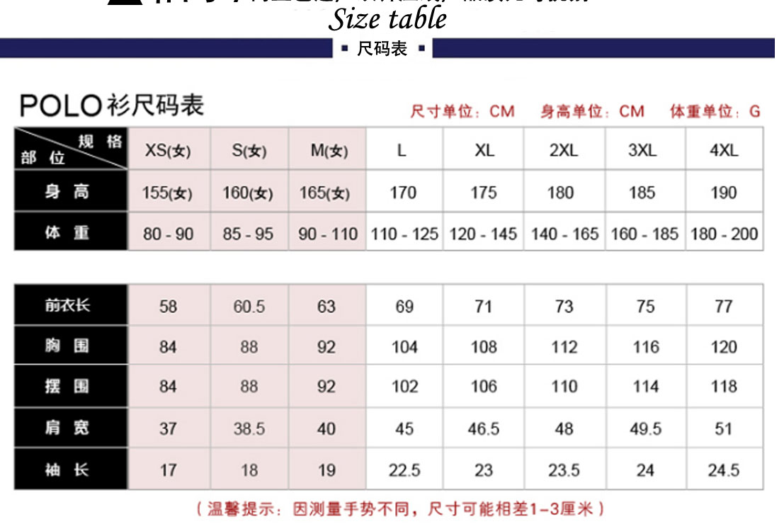 工裝T恤衫尺碼表